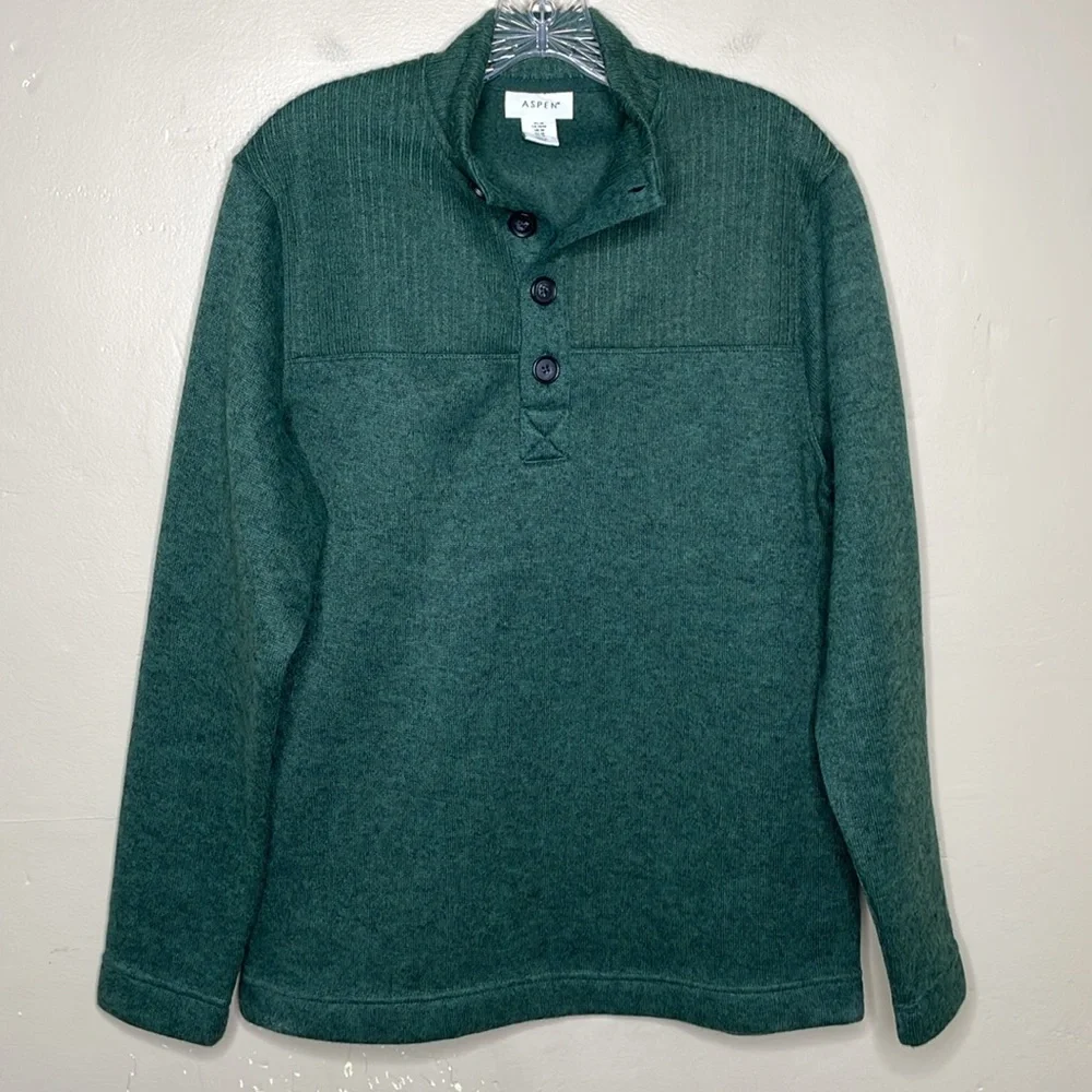 ASPEN Sweater Green Quarter Button Ski Outdoorsman Mock Neck Grandpa Preppy Med